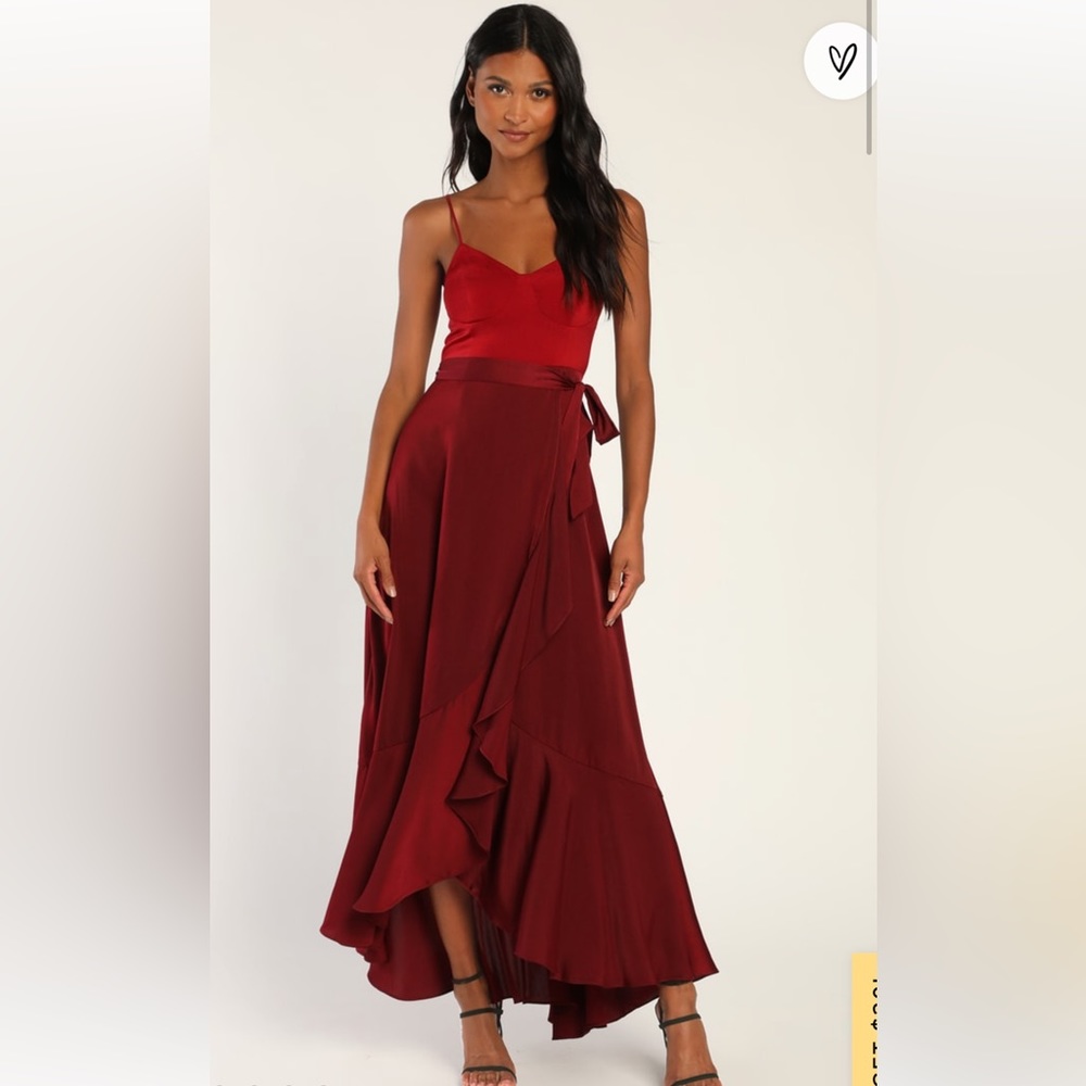 Lulus Double Darling Burgundy Color Block Satin Ruffled Maxi Dress